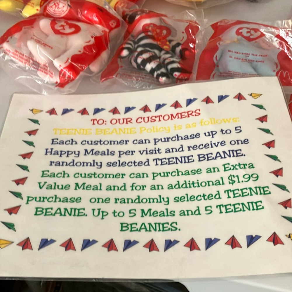 VINTAGE McDonalds Laminated  POLICY FOR NEW TEENIE BEANIES & HAPPY MEALS 1997